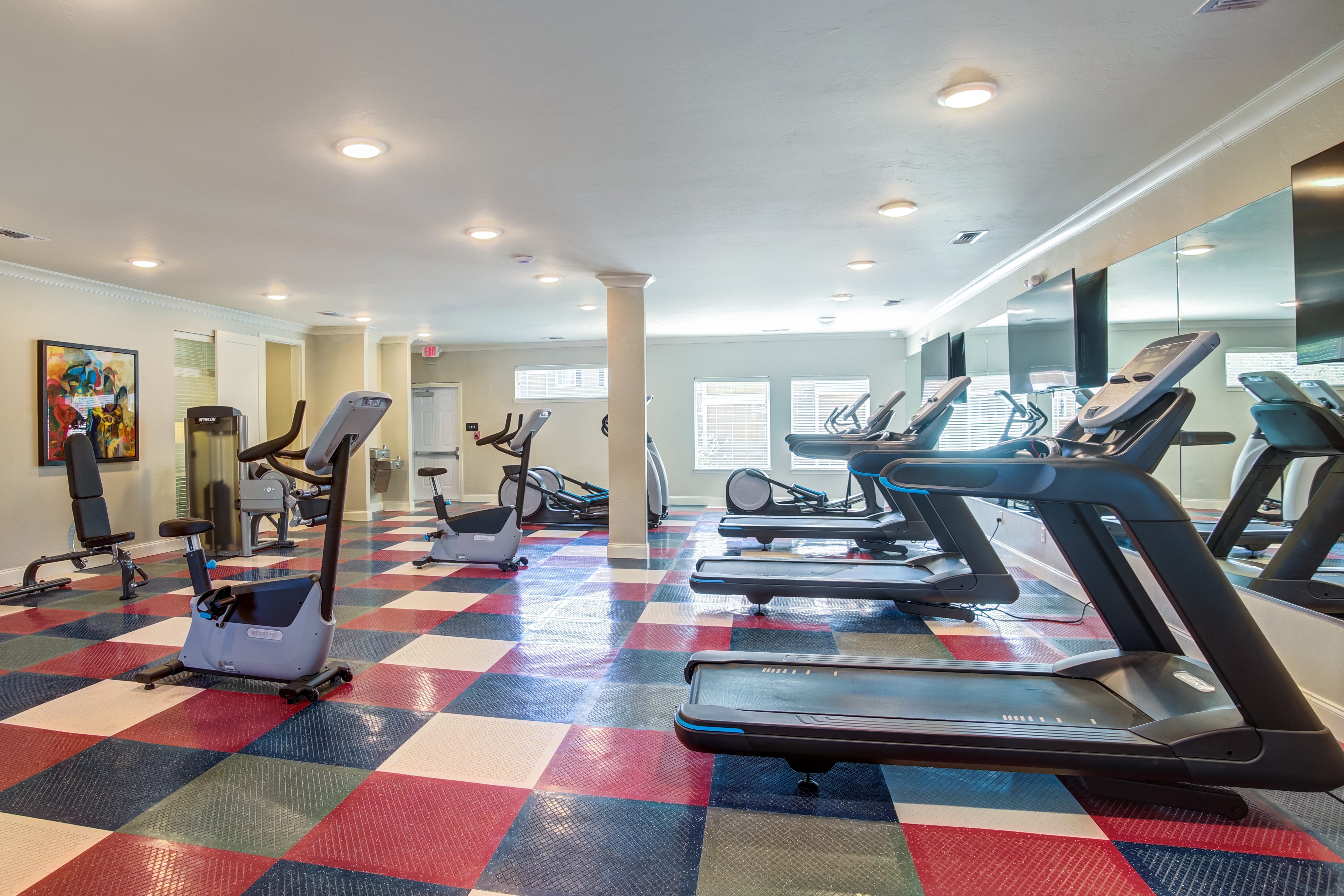 A gym with treadmills and elliptical machines.